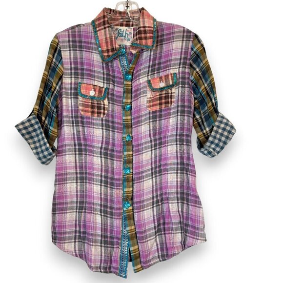 Patchwork Plaid Embroidered Sequin Top Shirt Button Down Purple Small - Picture 1 of 10